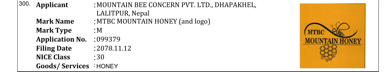Original bulletin entry for MTBC MOUNTAIN HONEY (and logo)