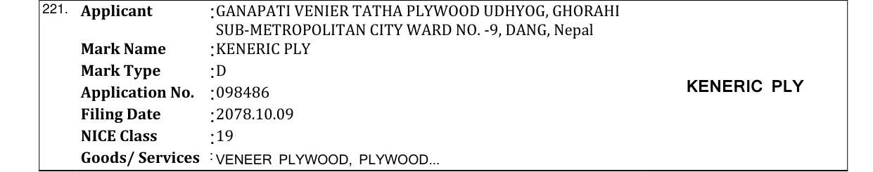 Original bulletin entry for KENERIC PLY