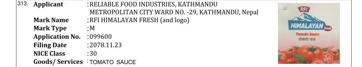 Original bulletin entry for RFI HIMALAYAN FRESH (and logo)