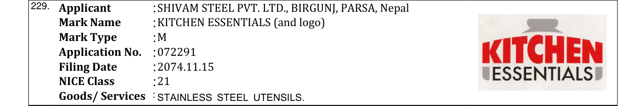 Original bulletin entry for KITCHEN ESSENTIALS (and logo)