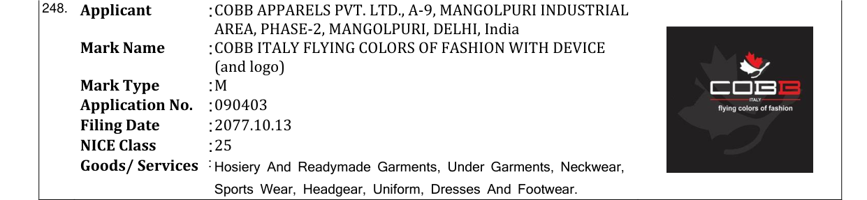 Original bulletin entry for COBB ITALY FLYING COLORS OF FASHION WITH DEVICE (and logo)