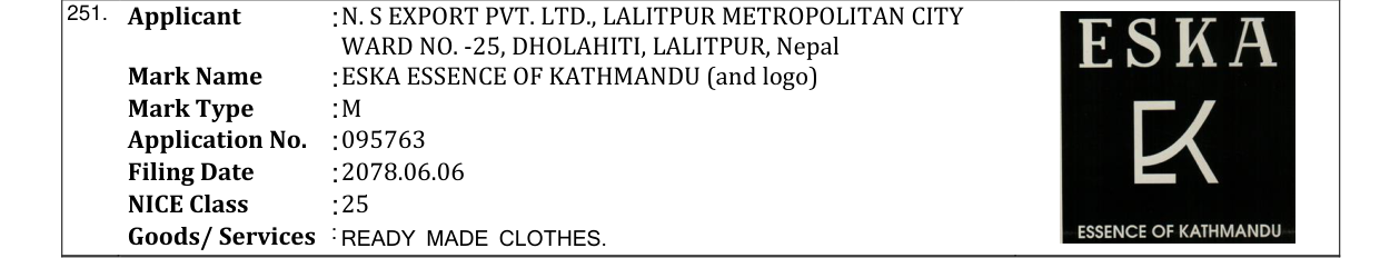 Original bulletin entry for ESKA ESSENCE OF KATHMANDU (and logo)