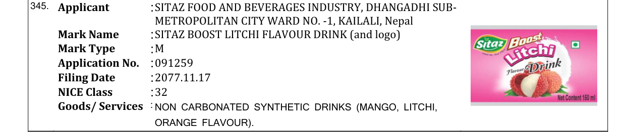 Original bulletin entry for SITAZ BOOST LITCHI FLAVOUR DRINK (and logo)