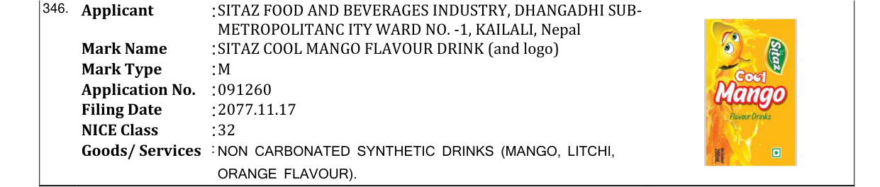 Original bulletin entry for SITAZ COOL MANGO FLAVOUR DRINK (and logo)