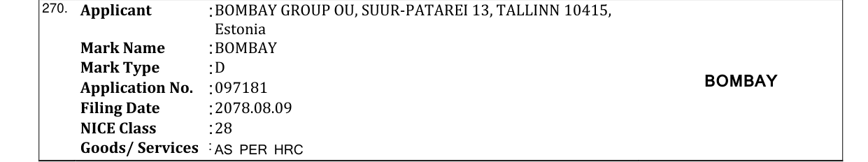 Original bulletin entry for BOMBAY