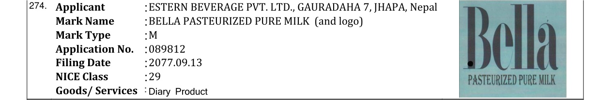 Original bulletin entry for BELLA PASTEURIZED PURE MILK (and logo)