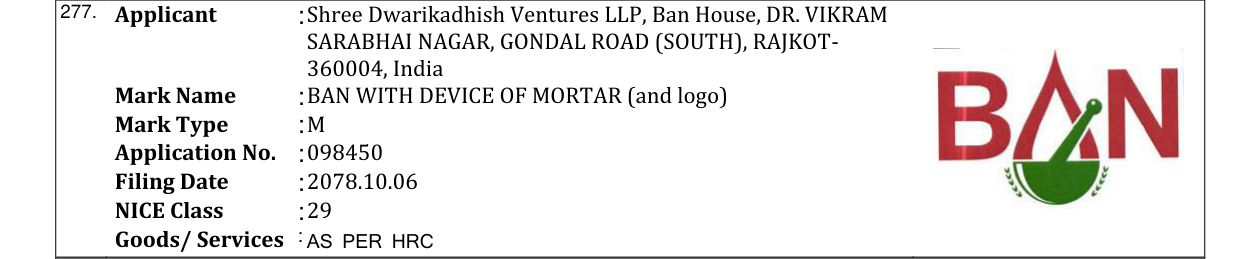 Original bulletin entry for BAN WITH DEVICE OF MORTAR (and logo)