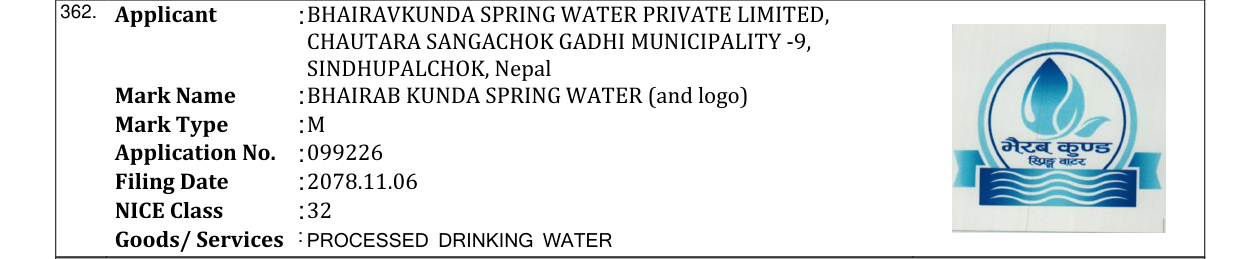 Original bulletin entry for BHAIRAB KUNDA SPRING WATER (and logo)