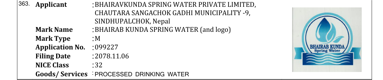 Original bulletin entry for BHAIRAB KUNDA SPRING WATER (and logo)