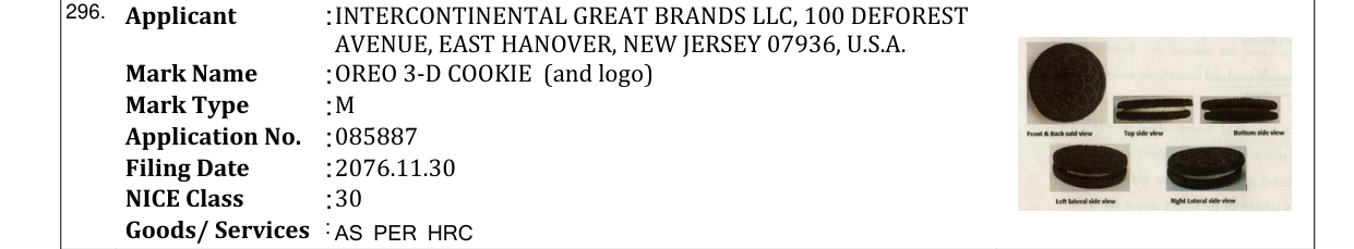 Original bulletin entry for OREO 3-D COOKIE (and logo)