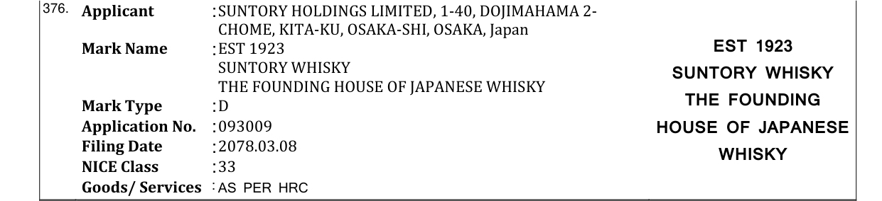 Original bulletin entry for EST 1923 EST 1923 SUNTORY WHISKY SUNTORY WHISKY THE FOUNDING HOUSE OF JAPANESE WHISKY
