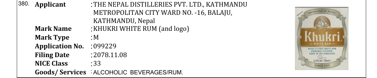 Original bulletin entry for KHUKRI WHITE RUM (and logo)