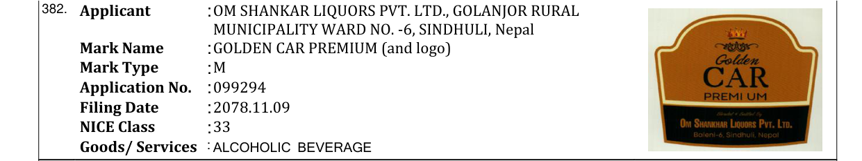 Original bulletin entry for GOLDEN CAR PREMIUM (and logo)