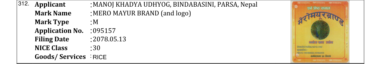 Original bulletin entry for MERO MAYUR BRAND (and logo)