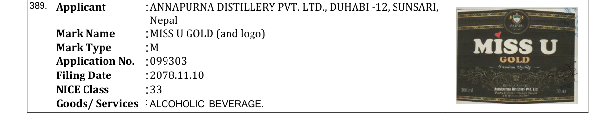Original bulletin entry for MISS U GOLD (and logo)