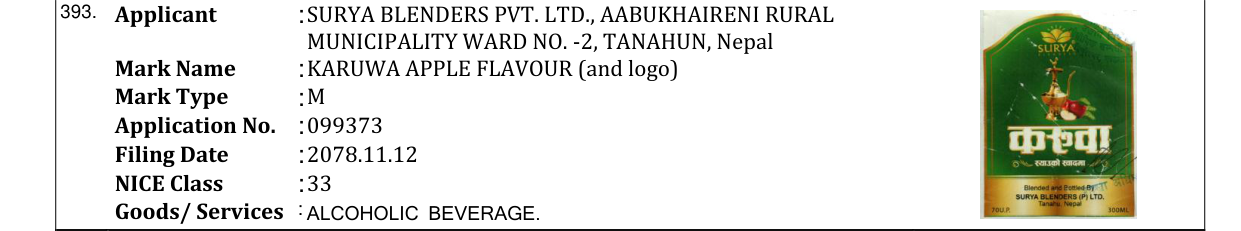 Original bulletin entry for KARUWA APPLE FLAVOUR (and logo)