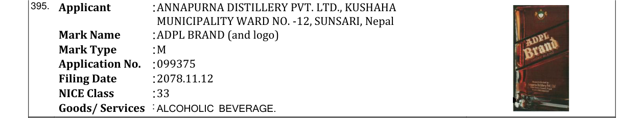 Original bulletin entry for ADPL BRAND (and logo)