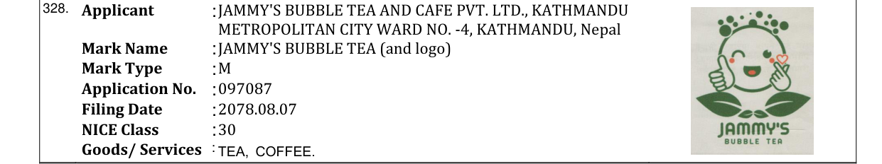 Original bulletin entry for JAMMY'S BUBBLE TEA (and logo)