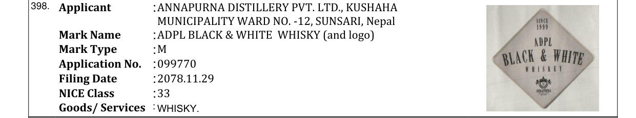 Original bulletin entry for ADPL BLACK & WHITE WHISKY (and logo)