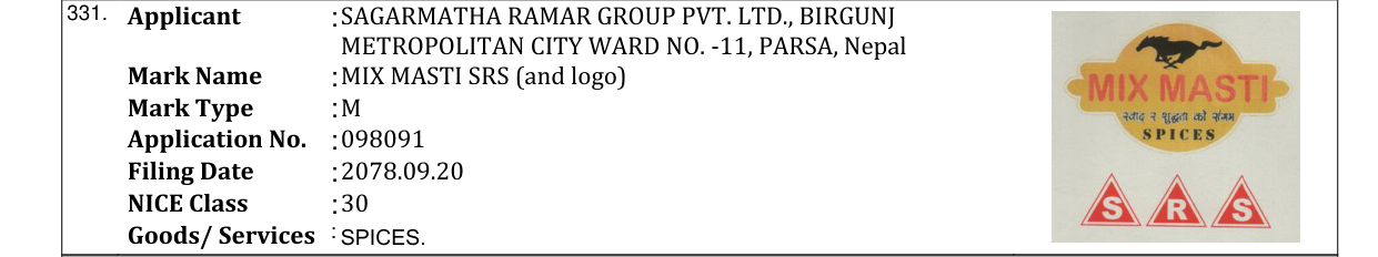 Original bulletin entry for MIX MASTI SRS (and logo)