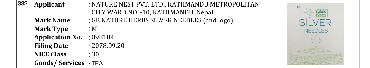 Original bulletin entry for GB NATURE HERBS SILVER NEEDLES (and logo)