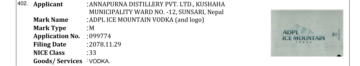 Original bulletin entry for ADPL ICE MOUNTAIN VODKA (and logo)