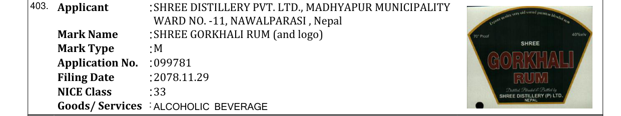 Original bulletin entry for SHREE GORKHALI RUM (and logo)