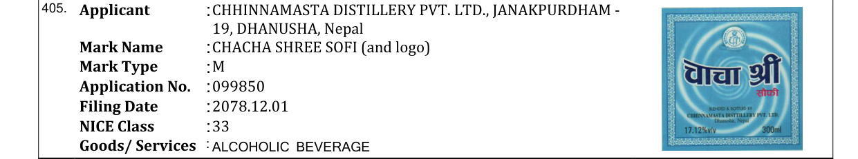 Original bulletin entry for CHACHA SHREE SOFI (and logo)