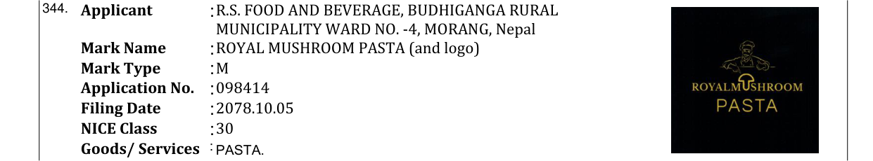 Original bulletin entry for ROYAL MUSHROOM PASTA (and logo)