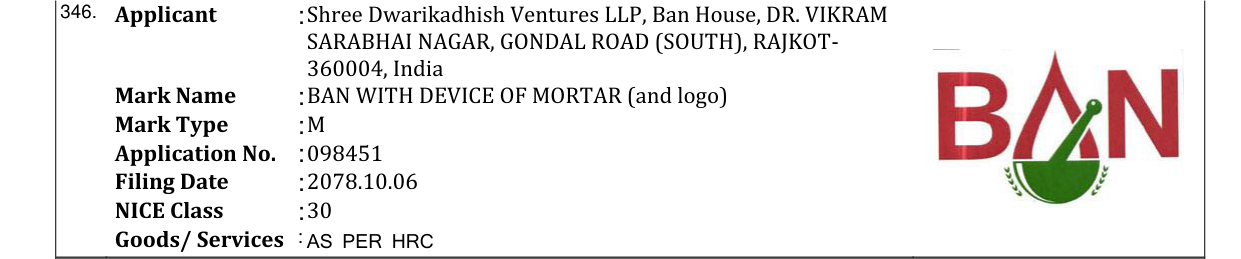 Original bulletin entry for BAN WITH DEVICE OF MORTAR (and logo)
