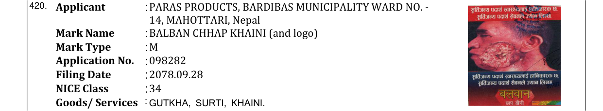 Original bulletin entry for BALBAN CHHAP KHAINI (and logo)