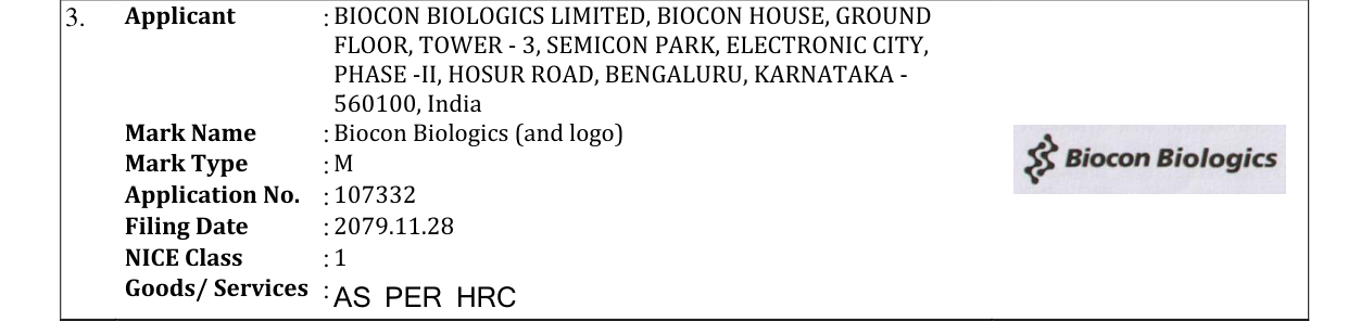 Original bulletin entry for Biocon Biologics (and logo)
