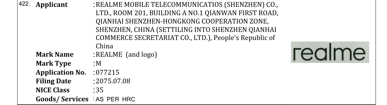 Original bulletin entry for REALME (and logo)