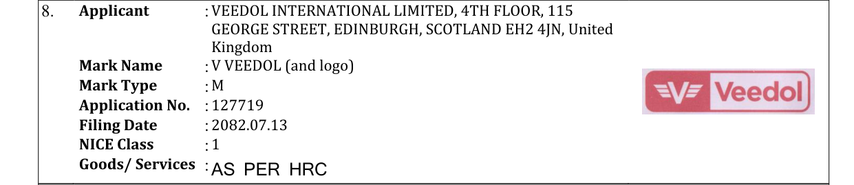 Original bulletin entry for V VEEDOL (and logo)