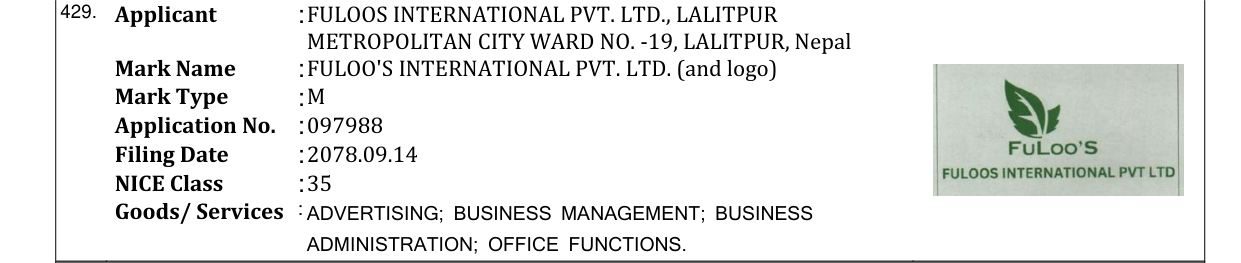 Original bulletin entry for FULOO'S INTERNATIONAL PVT. LTD. (and logo)