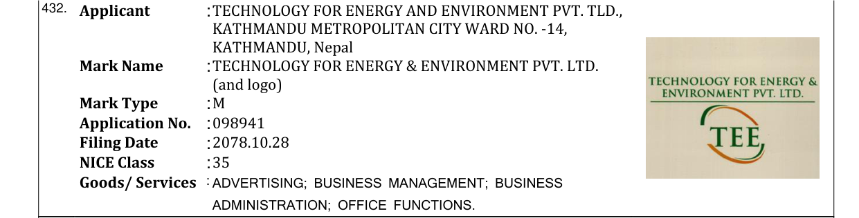 Original bulletin entry for TECHNOLOGY FOR ENERGY & ENVIRONMENT PVT. LTD. (and logo)