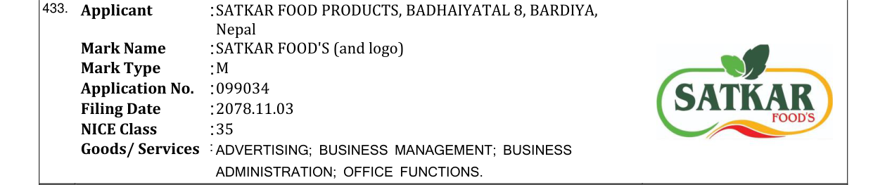Original bulletin entry for SATKAR FOOD'S (and logo)