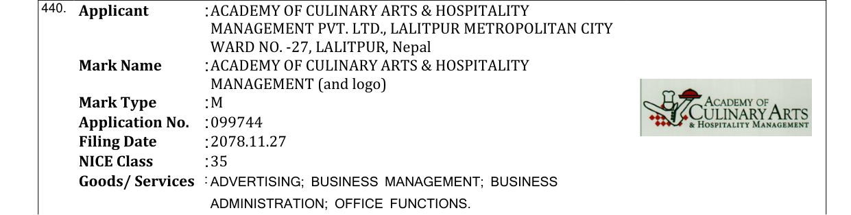 Original bulletin entry for ACADEMY OF CULINARY ARTS & HOSPITALITY MANAGEMENT (and logo)