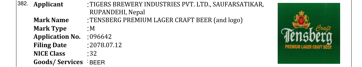 Original bulletin entry for TENSBERG PREMIUM LAGER CRAFT BEER (and logo)