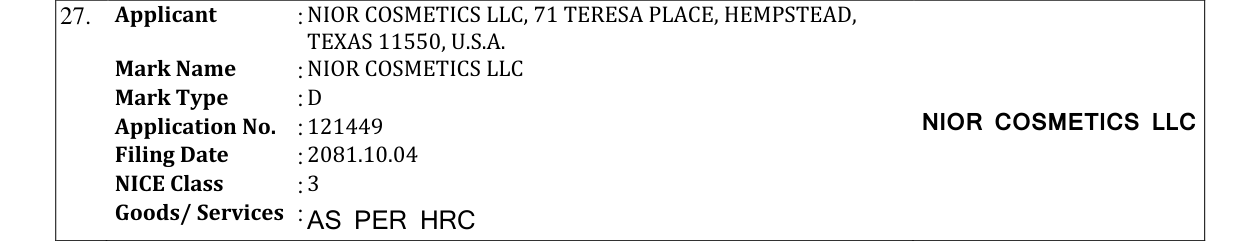 Original bulletin entry for NIOR COSMETICS LLC