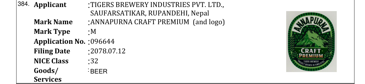 Original bulletin entry for ANNAPURNA CRAFT PREMIUM (and logo)