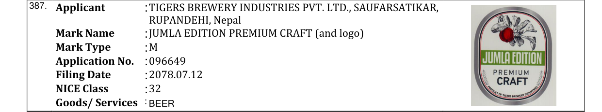 Original bulletin entry for JUMLA EDITION PREMIUM CRAFT (and logo)