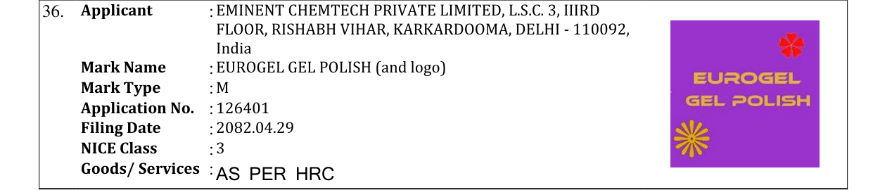 Original bulletin entry for EUROGEL GEL POLISH (and logo)