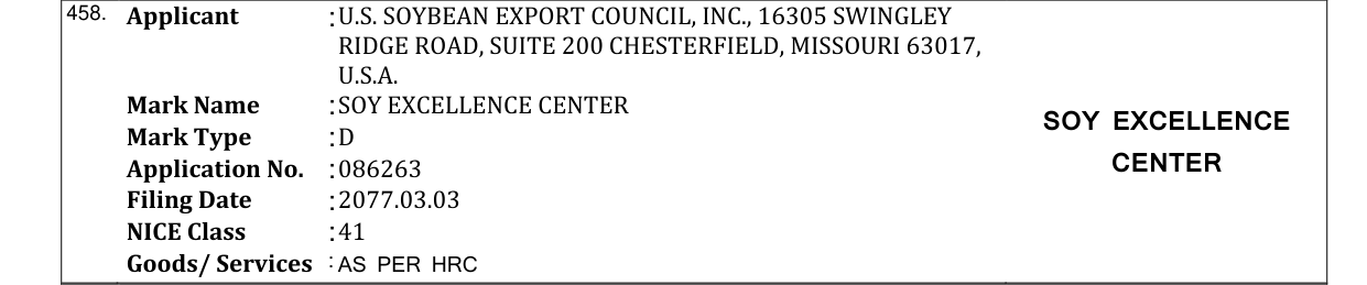 Original bulletin entry for SOY EXCELLENCE CENTER SOY EXCELLENCE