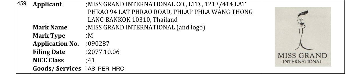 Original bulletin entry for MISS GRAND INTERNATIONAL (and logo)
