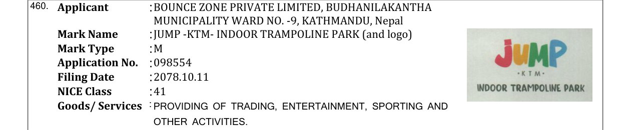 Original bulletin entry for JUMP -KTM- INDOOR TRAMPOLINE PARK (and logo)
