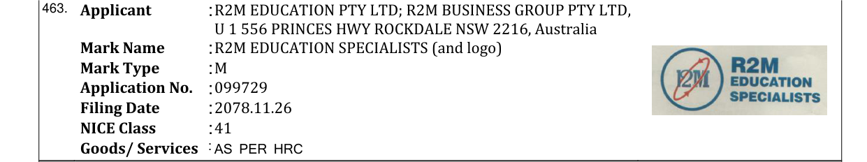 Original bulletin entry for R2M EDUCATION SPECIALISTS (and logo)