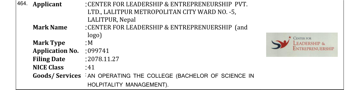 Original bulletin entry for CENTER FOR LEADERSHIP & ENTREPRENUERSHIP (and logo)
