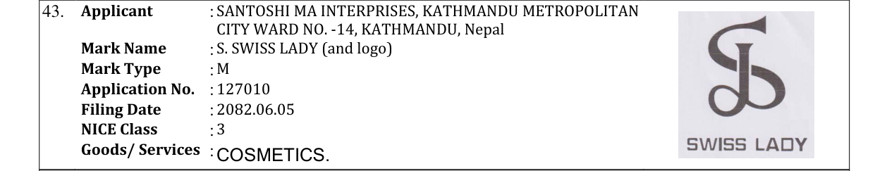 Original bulletin entry for S. SWISS LADY (and logo)