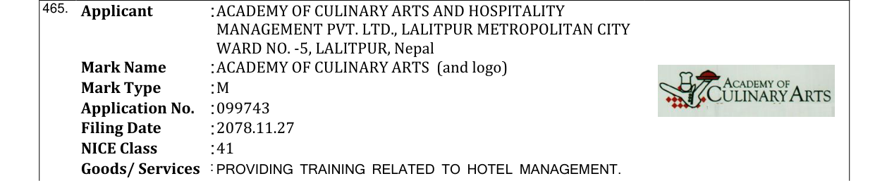 Original bulletin entry for ACADEMY OF CULINARY ARTS (and logo)